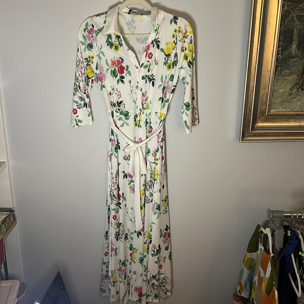 Floral Tie-Waist Midi Dress - White with Multi Floral
